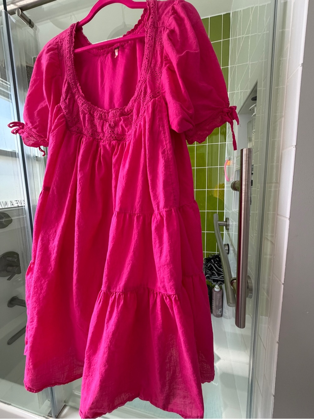 Free People Hot Pink Tiered Dress with Puff-Sleeves - Picture 8 of 8
